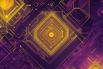 A glowing neon background with intricate geometric patterns in yellow and purple, creating a striking visual.