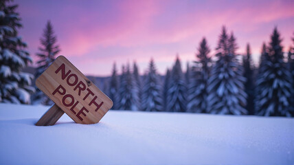 North Pole wooden sign in snow under pink twilight sky