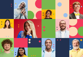 Creative collage made of different people, men and women of various age and nationality, posing...
