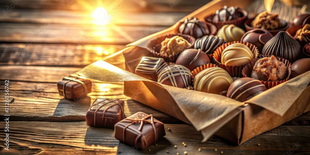 Poster a box of assorted chocolates, meticulously arranged, with a warm glow emanating from the setting sun