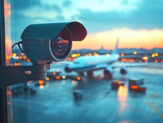 Surveillance camera at airport during sunset.