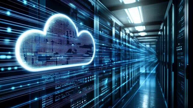cloud computing digital data storage futuristic server room blue neon glow information transfer smooth 4k video motion footage
