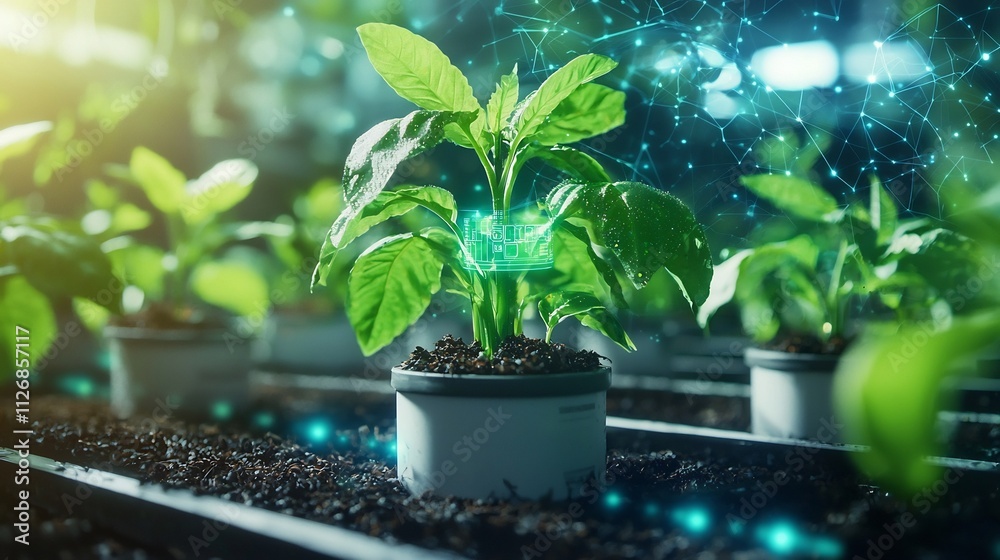 Poster automated greenhouse with interconnected sensors and holographic data streams leaving copy space at 