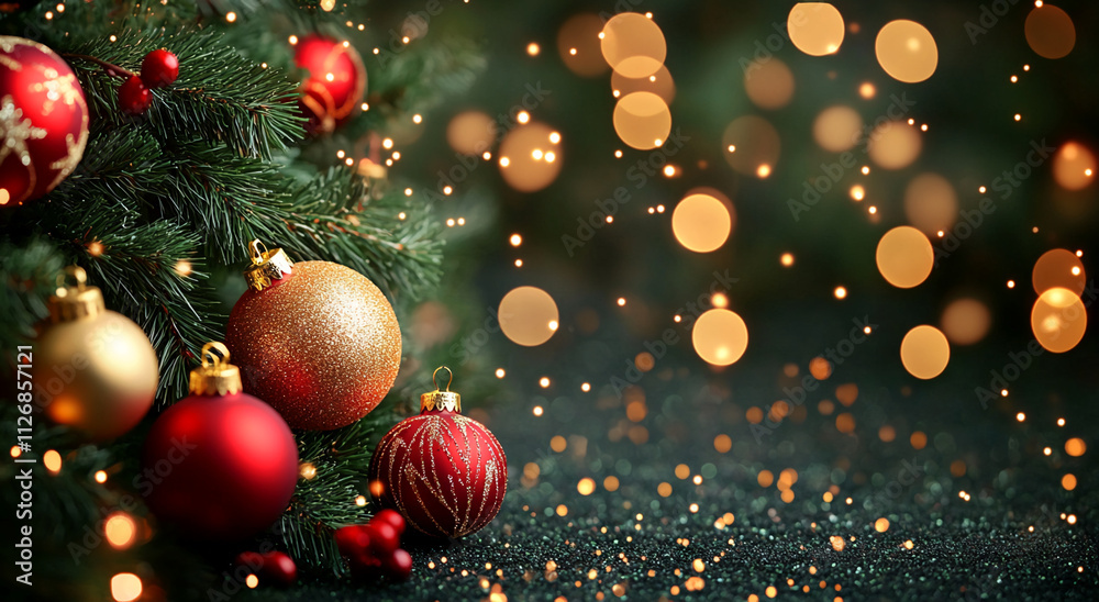 Poster decorated christmas tree with ornaments and twinkling lights creating a festive atmosphere