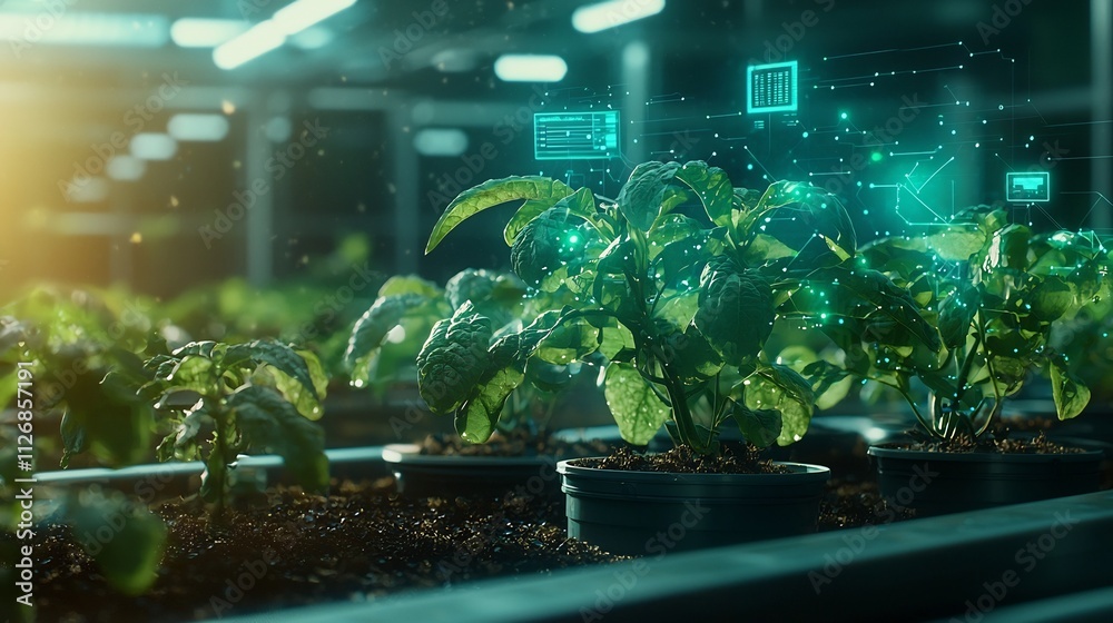 Poster automated greenhouse facility with a network of interconnected sensors and holographic data streams 