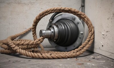 A coiled rope with exposed metal core and shredded insulation near an electrical outlet, frayed, shredded insulation, coiled rope