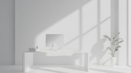 Fototapeta premium Minimalist White Office Workspace Design Featuring A Computer