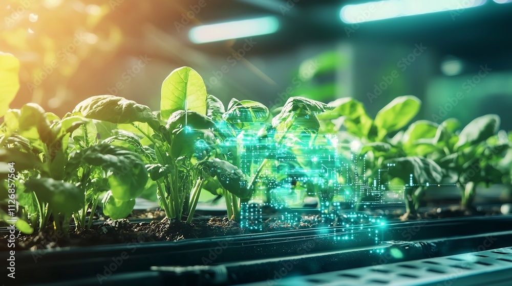 Poster automated greenhouse equipped with interconnected sensors and holographic data streams showcasing th