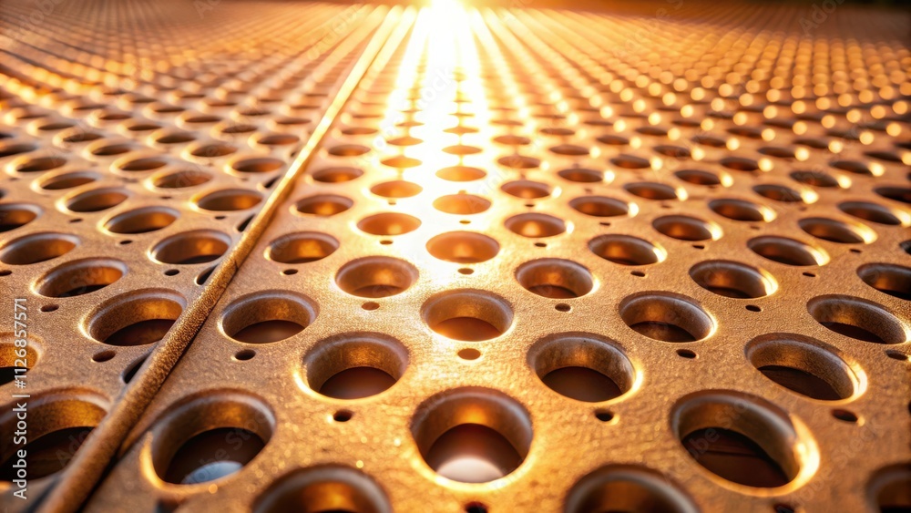 Aufkleber Golden Perforated Surface with a Glimmer of Light at the End of a Perspective View