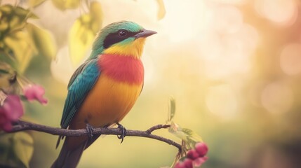 Bird perched on a branch with vibrant feathers, soft lighting, serene atmosphere