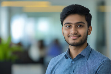 Obraz premium Portrait of successful young Indian businessman looking at camera and smiling inside modern office building