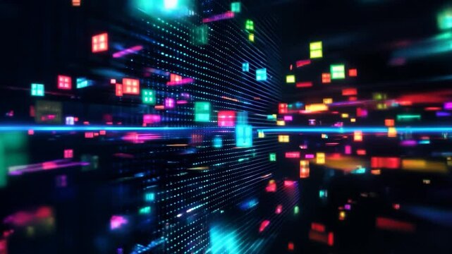 colorful neon tech data nodes abstract technology innovation background network information smooth 4k video motion footage