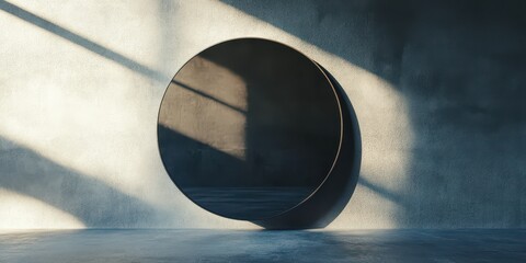 Polished black mirror on a concrete wall reflecting soft gradients of light.