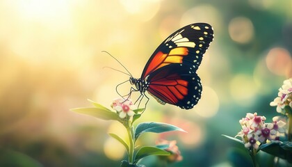 Fototapeta premium Butterfly perched on flower with vibrant wings, soft lighting, peaceful garden atmosphere