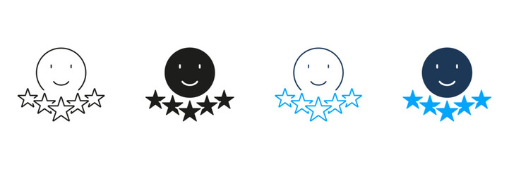 Positive Feedback Line and Silhouette Icon Set. Happy Emoticon Pictogram. Five Stars Experience Symbol. Customer Review, Client Satisfaction Sign. Editable Stroke. Isolated Vector Illustration