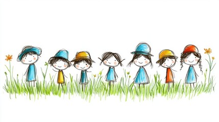 Fototapeta premium Playful Children Dancing in Colorful Hats in a Field of Flowers, Cheerful and Joyful Scene of Friendship