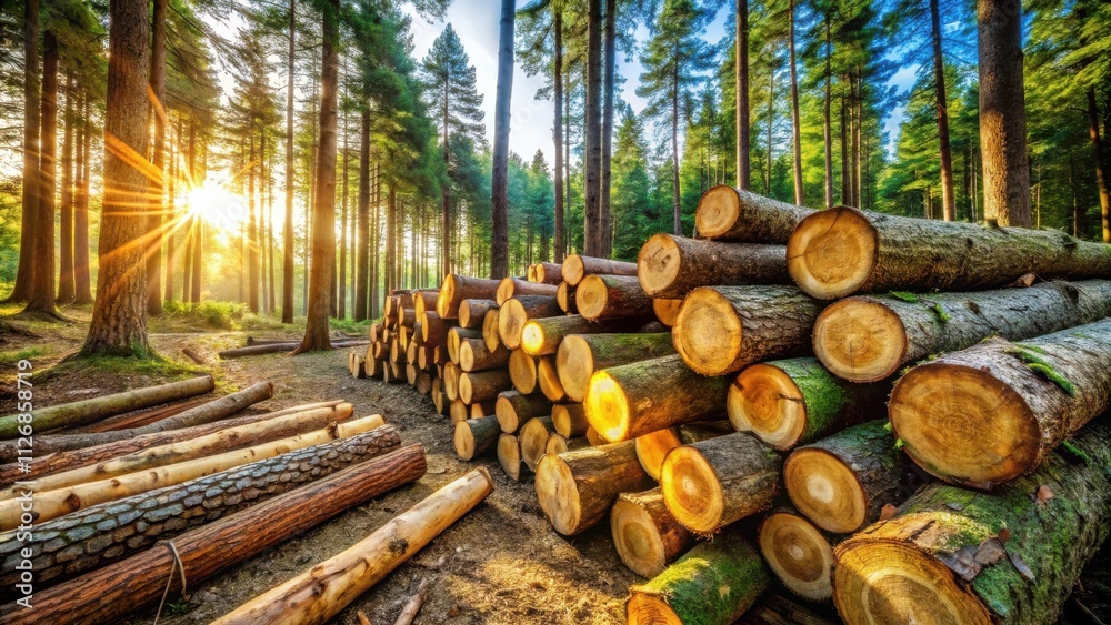 Aufkleber Sunlight filters through the towering trees of a dense forest, illuminating a large pile of freshly cut logs, a stark reminder of the delicate balance between nature's resources and human needs.