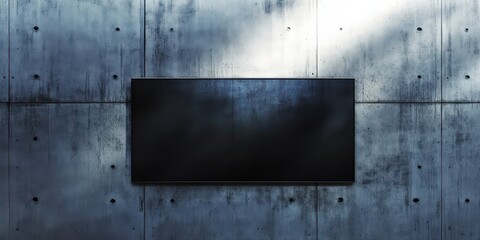 Polished black mirror on a textured concrete wall illuminated by diffused light creating subtle highlights.