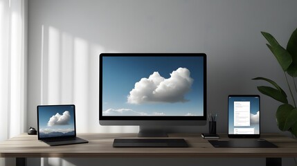 Fototapeta premium Modern Minimalist Workspace With Cloud Images On Screens