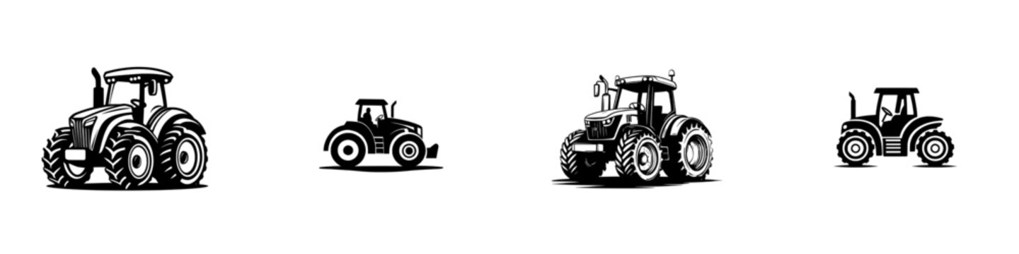 A minimalist monochrome logo featuring a farm tractor with a front loader, set against a white background, depicted as an isotype.
