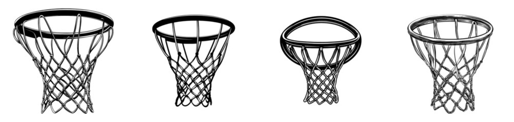 A monochrome basketball basket icon, isolated on a white background, depicted in a modern illustration.