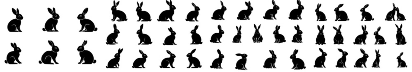 Collection of black rabbit silhouettes on a white background.