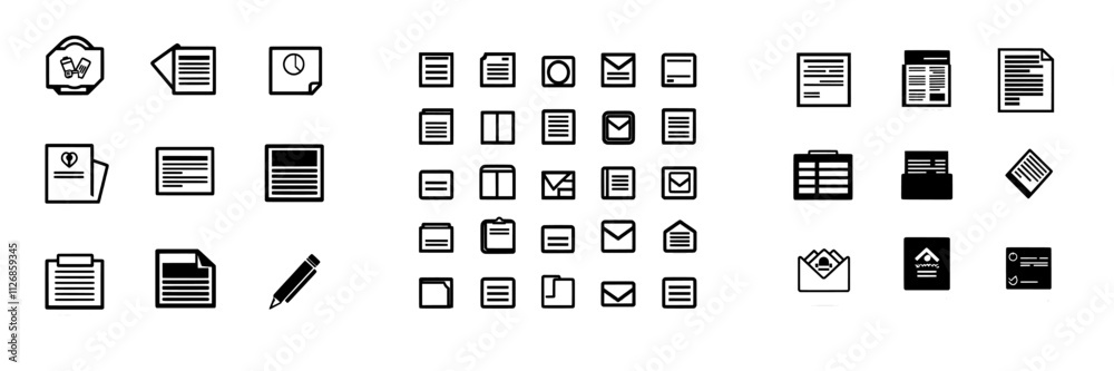 Poster set of monochrome document and folder glyph icons.