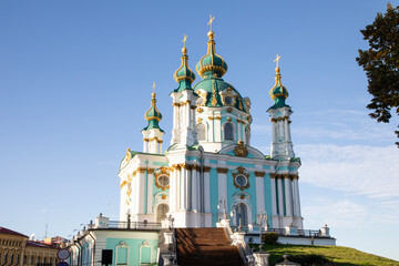 Beautiful view of St. Andrew's Church and St. Andrew's Descent in Kyiv, Ukraine