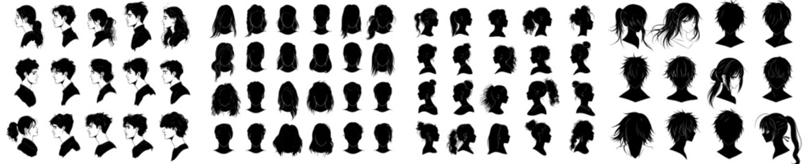 Silhouette heads. Male and female avatars, professional office profiles. Anonymous portrait faces with black outlines, modern photo set.