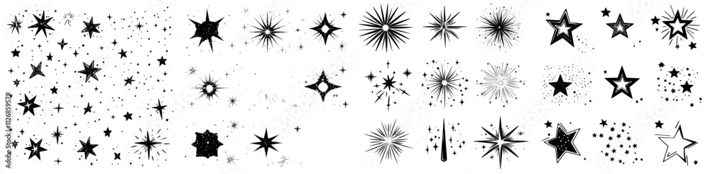 Poster stars sparkle and twinkle, bursting and flashing against black silhouettes. a modern collection of i