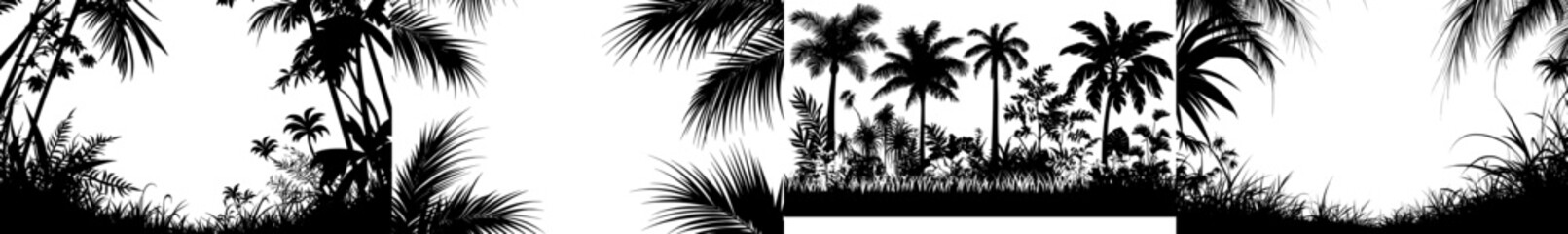 Palm leaves create a frame around a black silhouette of banana tree foliage. This exotic plant border showcases rainforest greenery with tropical branches, offering a decorative floral contour frame