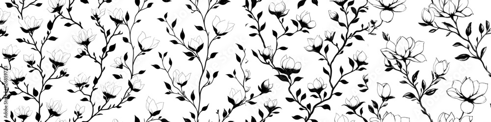Poster a seamless pattern featuring magnolia flowers, designed with silhouettes of magnolia branches in a m
