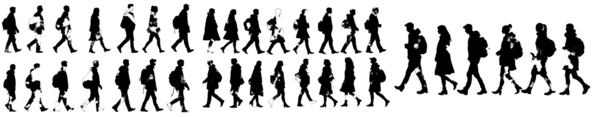 A contemporary set of watercolor people silhouettes, featuring a group of black icons in the shape of people, isolated on a white background, hand-drawn.