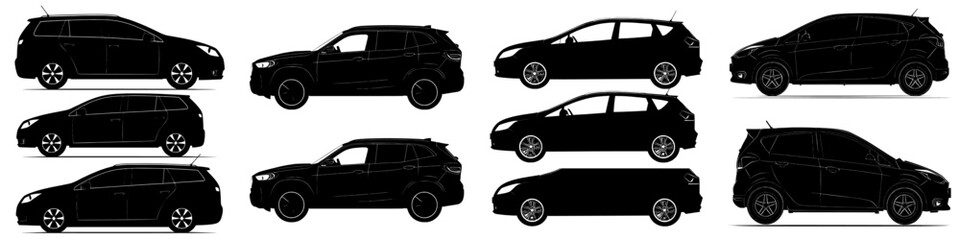 Obraz premium Silhouette of a car on a white background. Vehicle icons displaying side, front, rear, and top views.