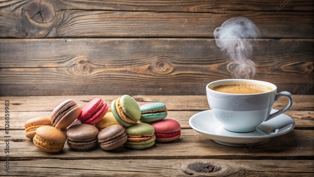 Poster A cup of coffee with steam rising from it on a rustic wooden table alongside a delectable array of colorful macarons.