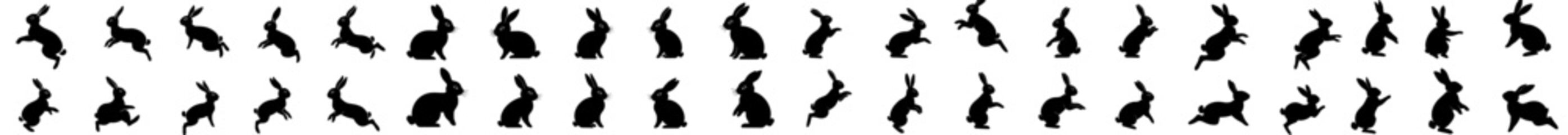 Collection of rabbit silhouettes, Easter bunnies, isolated on a white background. Simple black icons of hares, cute animals, ideal for logos, emblems, pictograms, prints, and design elements for