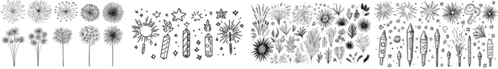 A collection of monochrome icons featuring fireworks bursting with fire and sparks, including a thin black outline of a firecracker rocket, a star explosion, and circular sun rays, all in a modern