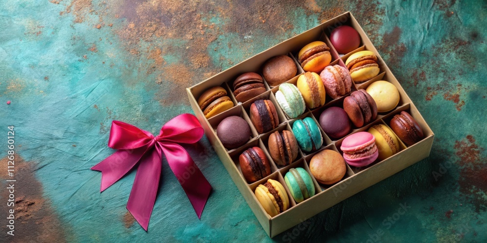 Poster a colorful assortment of delicate macarons in a gift box with a pink bow on a teal background