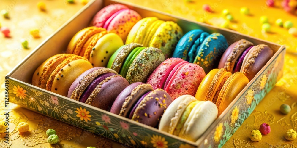 Poster A colorful assortment of macarons arranged in a decorative box, showcasing a delightful array of flavors and textures.