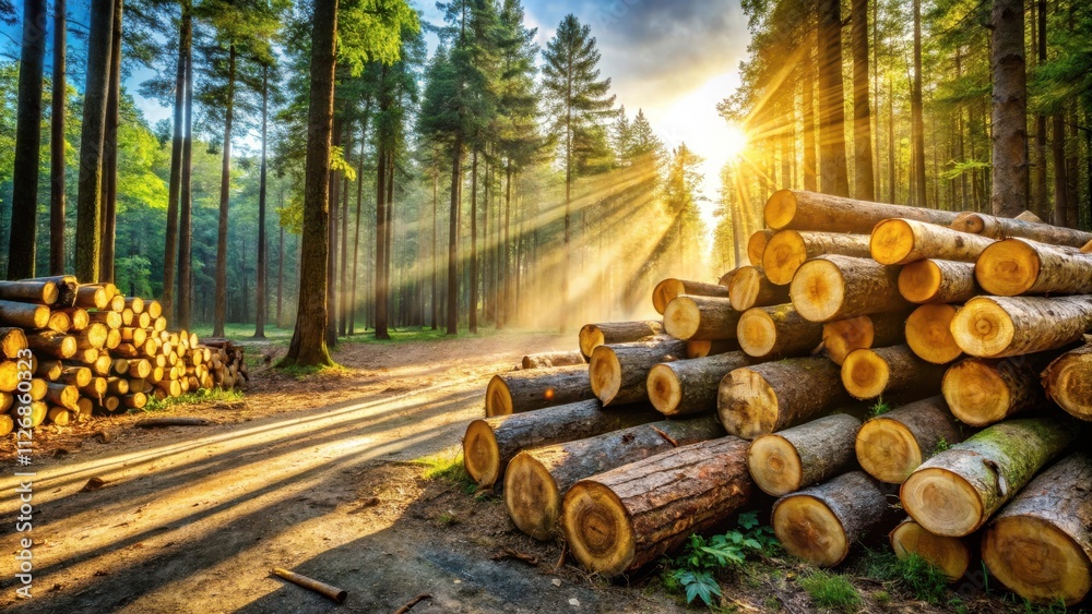 Poster Golden rays of sunlight pierce through a dense forest canopy, illuminating a pile of felled logs resting on a forest path