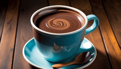 Fototapeta premium blue mug with hot chocolate and wooden spoon
