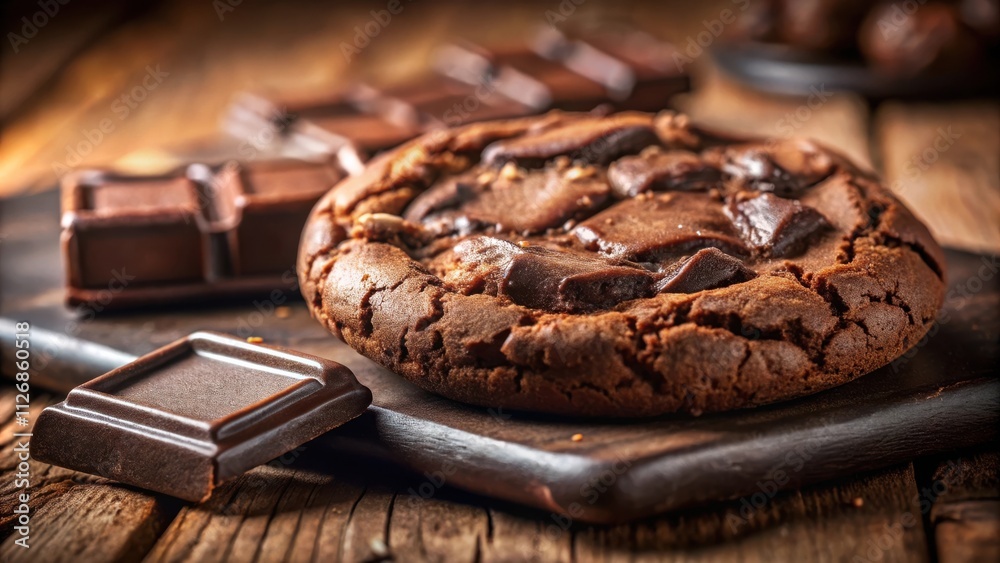 Poster a close-up view of a double chocolate chip cookie, displaying its rich, dark chocolate chips and rus