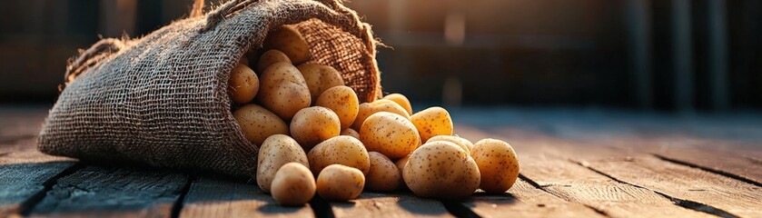 A rustic sack spilling fresh golden potatoes onto a wooden floor.