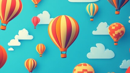A vibrant scene of colorful hot air balloons floating against a bright blue sky with clouds.