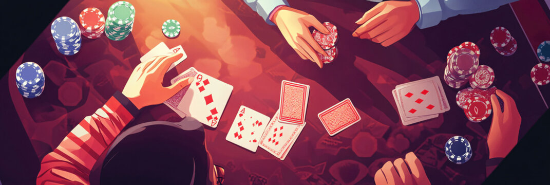 Illustration of a blackjack game in progress, with cards on the table, chips being placed, and a dealer in action. 