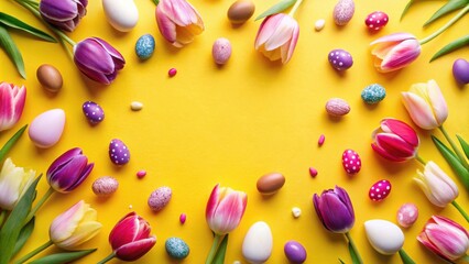 A vibrant yellow background adorned with colorful tulips and Easter eggs, creating a cheerful and festive springtime scene.