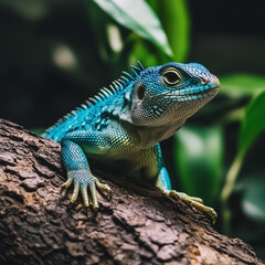 A lizard is perched on a tree. 