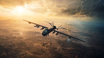 A military grade drone captured in flight over a vast desert terrain equipped with advanced holographic targeting systems and network connectivity