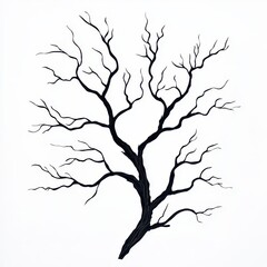 Obraz premium A stark, black silhouette of a bare tree with intricate branches, set against a white background, conveying a sense of desolation and beauty.