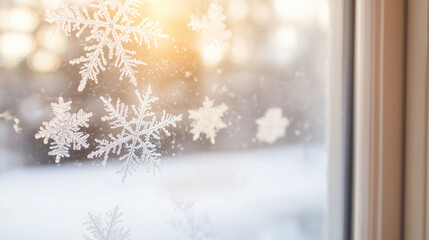 Frosted Windowpane with Snowflakes and Warm Cabin Light